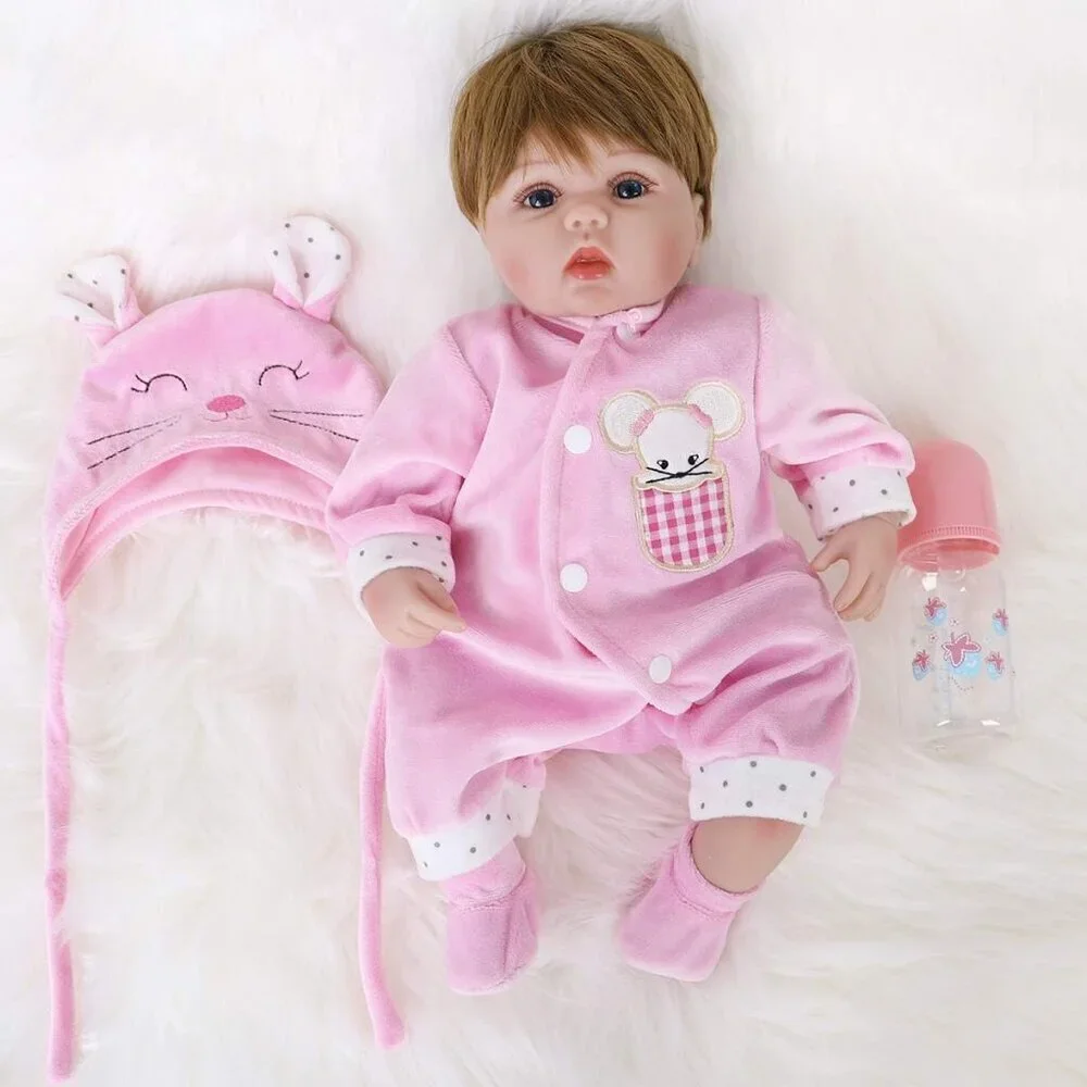 🆕16nch Soft Cloth Body Newborn Baby Doll Poseable Limbs Pink Mouse Doll Girl